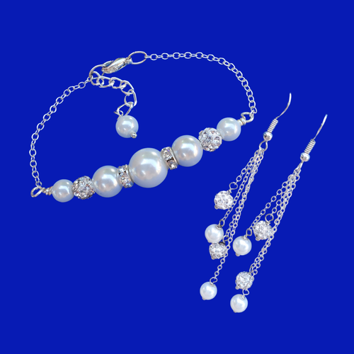 Pearl Jewelry Set - Earrings Sets - Bracelet Sets, handmade pearl and crystal bar bracelet accompanied by a pair of multi-strand drop earrings, white or custom color