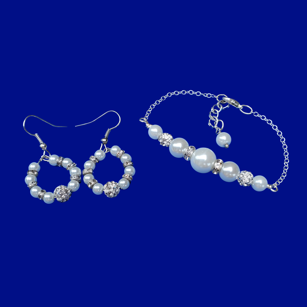 Pearl Set - Bracelet Sets - Wedding Sets, pearl and crystal bar bracelet accompanied by a matching pair of hoop drop earrings, white or custom color