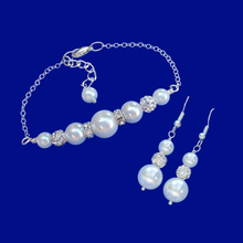 Load image into Gallery viewer, Earrings Sets - Pearl Set - Bracelet Sets, handmade pearl and crystal bar bracelet accompanied by a pair of drop earrings, white or custom color