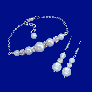 Earrings Sets - Pearl Set - Bracelet Sets, handmade pearl and crystal bar bracelet accompanied by a pair of drop earrings, white or custom color