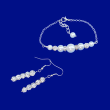 Load image into Gallery viewer, Bracelet Sets - Gifts For Bridesmaids - Bridal Jewelry Set - handmade pearl and crystal bar bracelet accompanied by a pair of crystal drop earrings