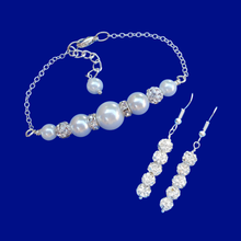 Load image into Gallery viewer, Bracelet Sets - Gifts For Bridesmaids - Bridal Jewelry Set - handmade pearl and crystal bar bracelet accompanied by a pair of crystal drop earrings, custom color