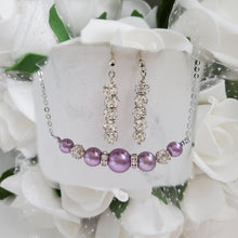 Load image into Gallery viewer, Handmade pearl and crystal bar necklace accompanied by a pair of pave crystal rhinestone drop earrings - lavender purple or custom color - Pearl Necklace Set - Necklace Set - Necklace Earrings