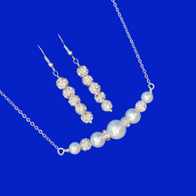 Load image into Gallery viewer, Handmade pearl and crystal bar necklace accompanied by a pair of pave crystal rhinestone drop earrings - white or custom color - Pearl Necklace Set - Necklace Set - Necklace Earrings