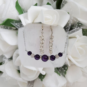 Handmade pearl and crystal bar necklace accompanied by a pair of pave crystal rhinestone drop earrings - dark purple or custom color - Pearl Necklace Set - Necklace Set - Necklace Earrings