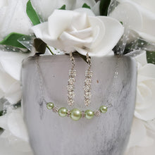 Load image into Gallery viewer, Handmade pearl and crystal bar necklace accompanied by a pair of pave crystal rhinestone drop earrings - light green or custom color - Pearl Necklace Set - Necklace Set - Necklace Earrings