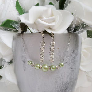 Handmade pearl and crystal bar necklace accompanied by a pair of pave crystal rhinestone drop earrings - light green or custom color - Pearl Necklace Set - Necklace Set - Necklace Earrings