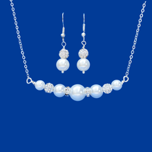 Load image into Gallery viewer, Necklace And Earring Set - Bridal Gift Ideas - Bridesmaid Gift - handmade pearl and crystal bar necklace accompanied by a pair of drop earrings, white or custom color