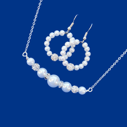 Pearl Jewelry Set - Necklace Set - Necklace And Earring Set, handmade pearl and crystal bar necklace accompanied by a pair of hoop earrings, white or custom color