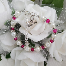 Load image into Gallery viewer, Handmade flower girl pearl and swarovski crystal charm bracelet, white and rose red or custom color - Flower Girl Gift - Would You Be My Flower Girl