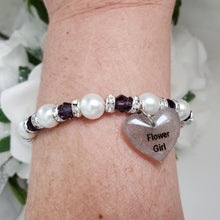 Load image into Gallery viewer, Handmade flower girl pearl and swarovski crystal charm bracelet, white and purple or custom color - Flower Girl Gift - Would You Be My Flower Girl