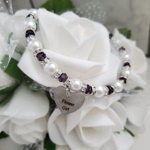 Handmade flower girl pearl and swarovski crystal charm bracelet, white and purple or custom color - Flower Girl Gift - Would You Be My Flower Girl