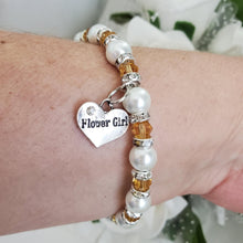 Load image into Gallery viewer, Handmade flower girl pearl and swarovski crystal charm bracelet, white and amber or custom color - Flower Girl Gift - Would You Be My Flower Girl