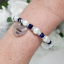 Load image into Gallery viewer, Handmade flower girl pearl and swarovski crystal charm bracelet, white and deep blue or custom color - Flower Girl Gift - Would You Be My Flower Girl