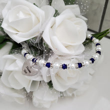 Load image into Gallery viewer, Handmade flower girl pearl and swarovski crystal charm bracelet, white and deep blue or custom color - Flower Girl Gift - Would You Be My Flower Girl