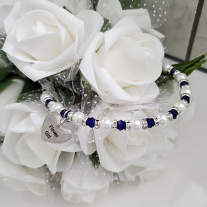 Handmade flower girl pearl and swarovski crystal charm bracelet, white and deep blue or custom color - Flower Girl Gift - Would You Be My Flower Girl