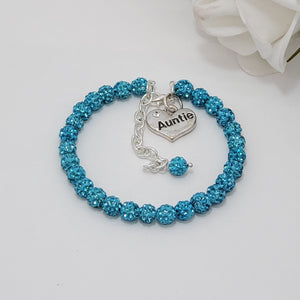 Handmade auntie pave crystal rhinestone charm bracelet - aquamarine blue or custom color - Gifts For Your Aunt - Auntie Gift - Auntie Gift Ideas