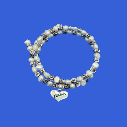 nana fresh water pearl floral expandable, multi layer wrap charm bracelet, tibetan silver and ivory or tibetan gold and ivory