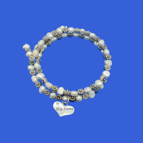 Big Sister Present - Sister Gift - Big Sister Bracelet, big sister floral fresh water pearl expandable multi layer wrap charm bracelet, ivory and silver or ivory and gold