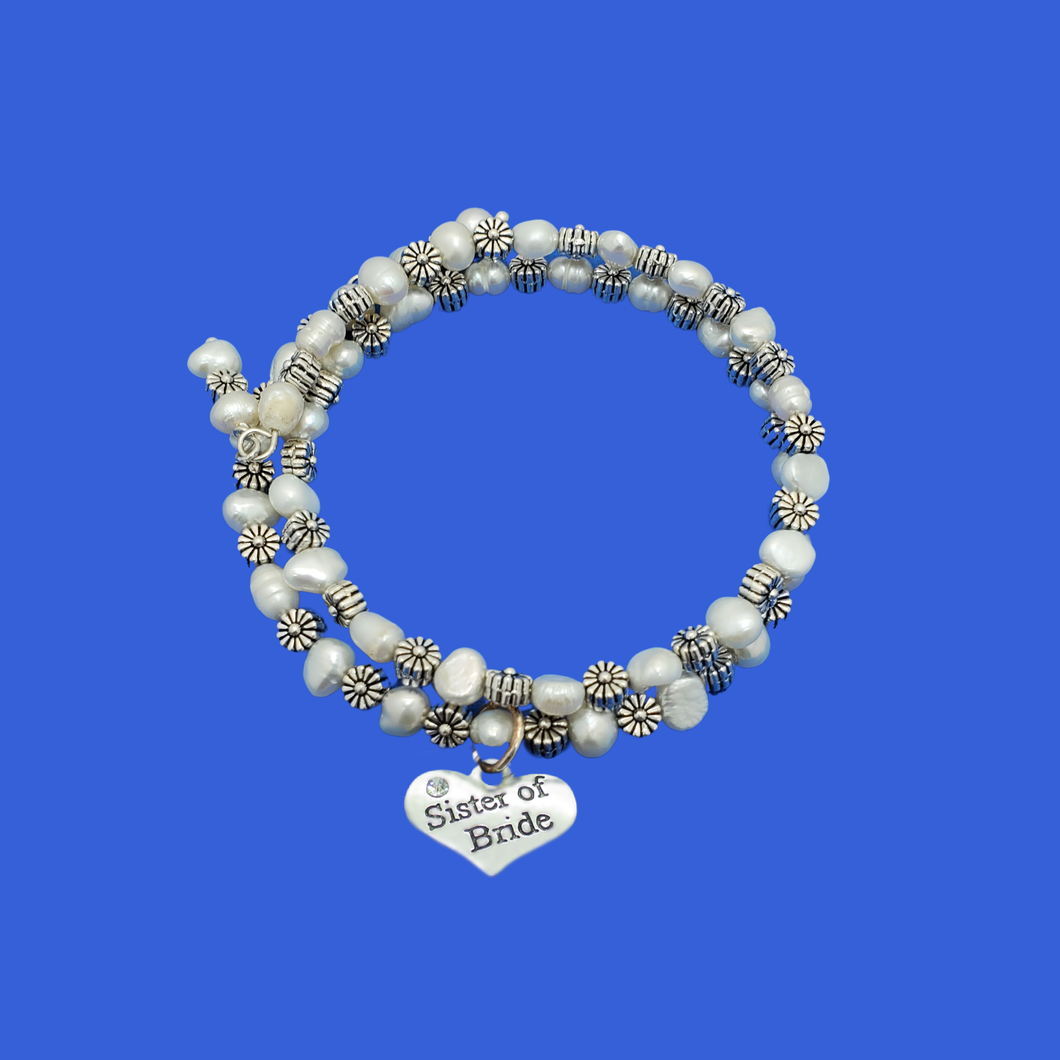 Sister of the Bride Fresh Water Pearl Expandable Multi Layer Wrap Charm Bracelet, ivory and silver or ivory and gold
