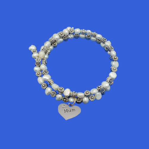 mum fresh water pearl multi layer expandable wrap charm bracelet, ivory and silver or ivory and gold
