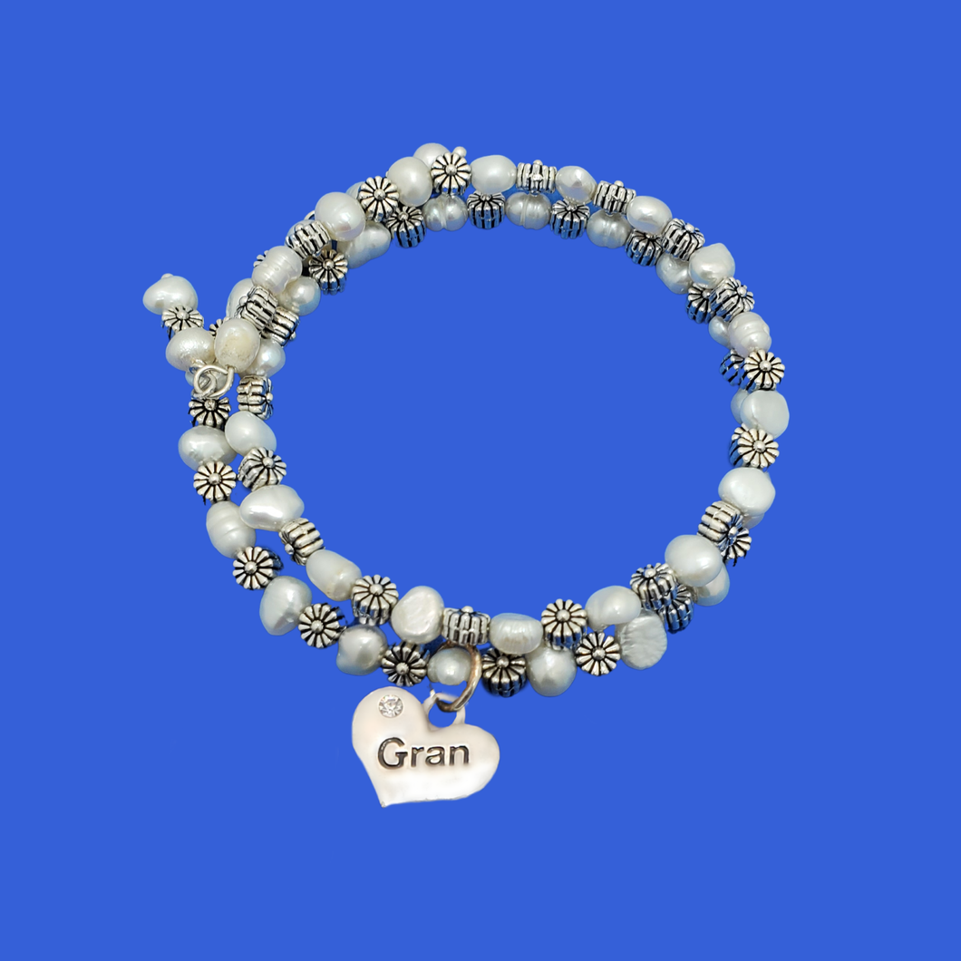 Gran Birthday Gifts - Gran Gift - Gran Present - gran fresh water pearl floral expandable multi layer wrap charm bracelet, ivory and silver