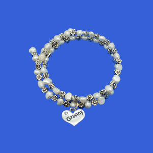 Granny Present - Christmas Gifts For Granny - Granny Fresh Water Pearl Floral Wrap Charm Bracelet, ivory and silver or ivory and gold