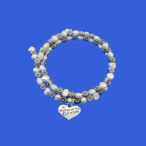 mother of the groom fresh water pearl and floral expandable, multi-layer, wrap charm bracelet