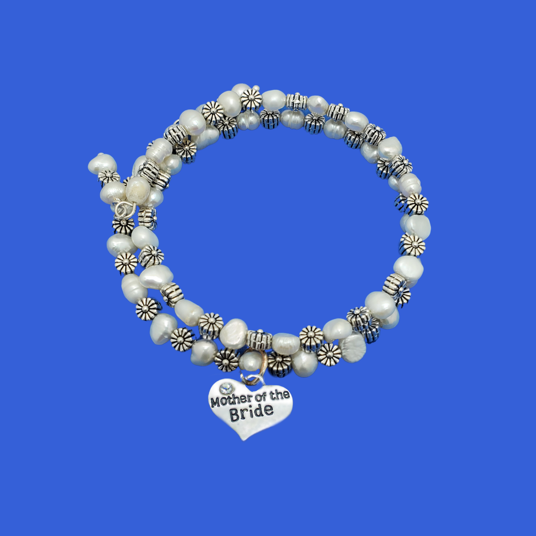 Mother of the Bride Fresh Water Pearl Expandable Multi Layer Wrap Charm Bracelet, ivory and silver or ivory and gold