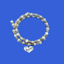 Load image into Gallery viewer, Auntie Present - Auntie Gift Ideas - Auntie Gift, auntie fresh water pearl floral expandable multi layer wrap charm bracelet, ivory and silver or ivory and gold