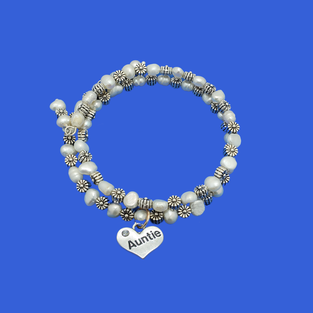 Auntie Present - Auntie Gift Ideas - Auntie Gift, auntie fresh water pearl floral expandable multi layer wrap charm bracelet, ivory and silver or ivory and gold