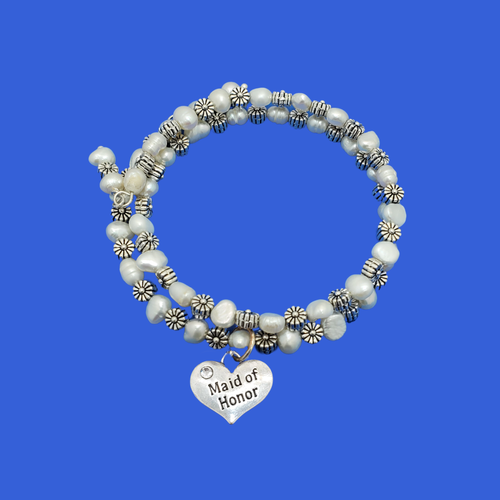 Handmade Maid of Honor Fresh Water Pearl and Floral Multi-Layer Expandable Wrap Charm Bracelet
