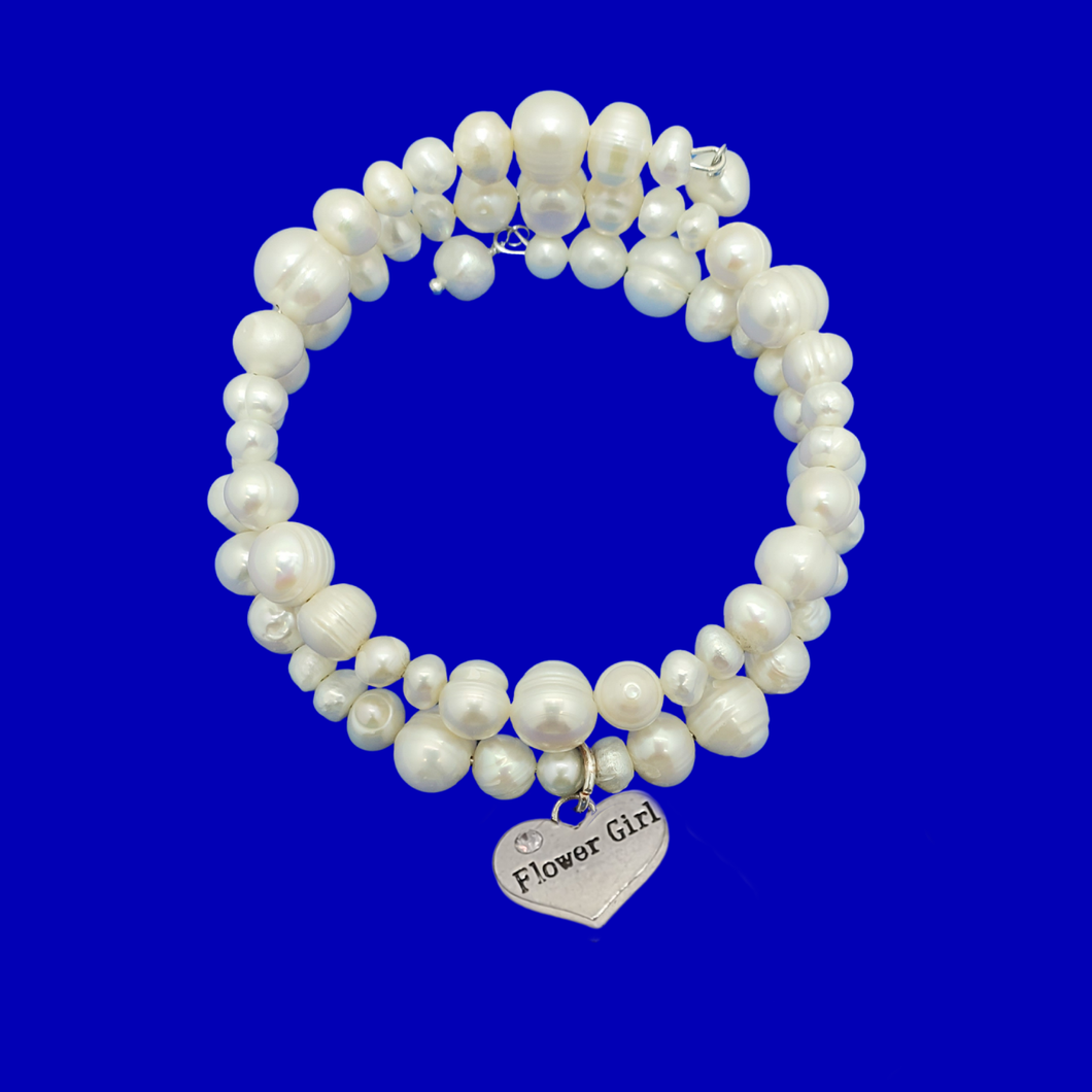 Flower Girl Gift - Flower Girl Gift Ideas - flower girl fresh water pearl expandable multi layer wrap charm bracelet, ivory