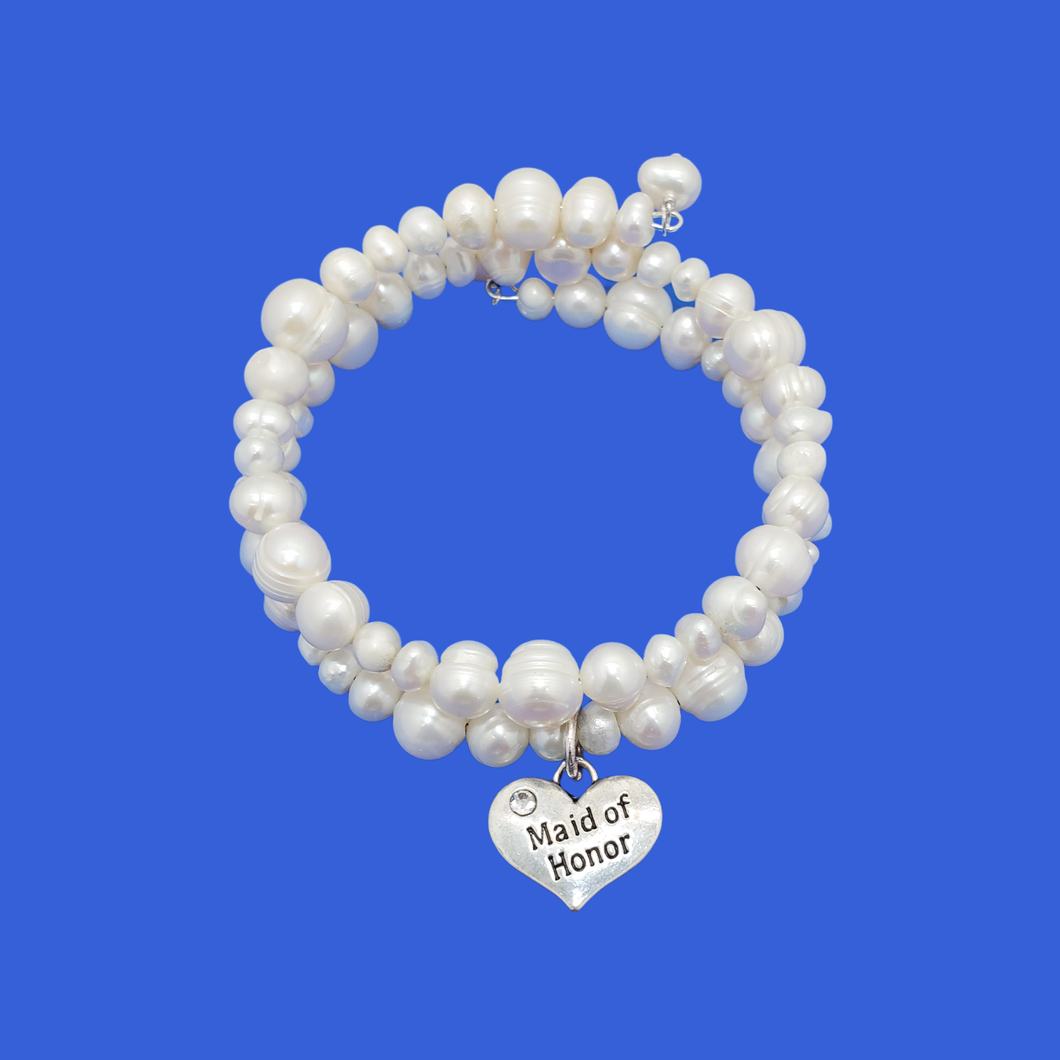 Maid of Honor Fresh Water Pearl Expandable Multi Layer Wrap Charm Bracelet, Ivory
