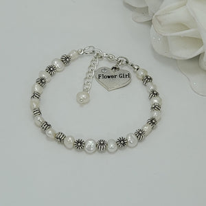 Handmade Flower Girl Fresh Water Pearl and Floral Charm Bracelet, ivory and silver - Flower Girl Gift - Flower Girl Thank You Gifts