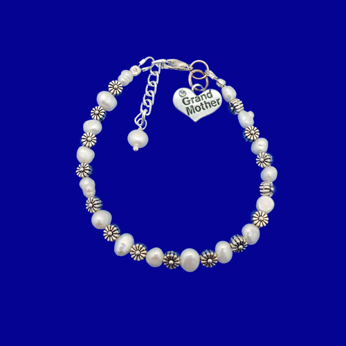Grand Mother Gift - Grandmother Birthday Gifts - Grand Mother Fresh Water Pearl Floral Charm Bracelet, ivory and silver