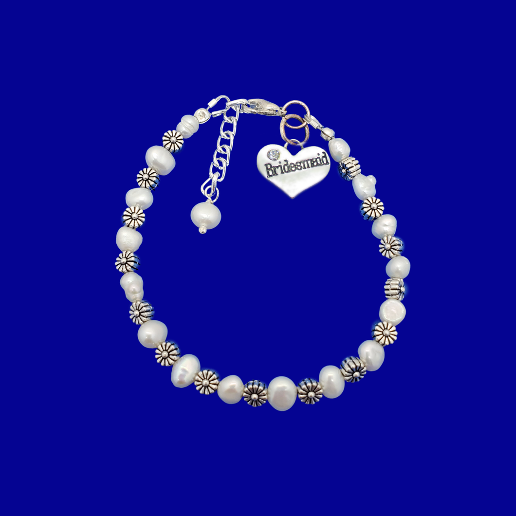 Bridesmaid Jewelry-Bridesmaid Bracelet-Bridesmaid Gift, bridesmaid floral fresh water pearl charm bracelet, ivory and tibetan silver