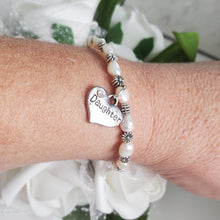 Load image into Gallery viewer, Handmade fresh water pearl and floral daughter charm bracelet, ivory and silver - Daughter Gift - Daughter Jewelry