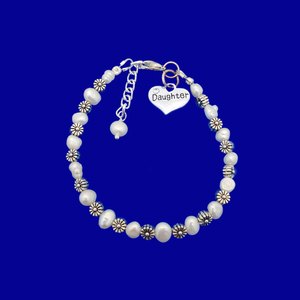 Daughter Gift - Daughter Jewelry - daughter fresh water pearl floral charm bracelet, ivory and silver