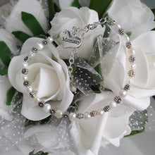 Load image into Gallery viewer, A handmade fresh water pearl and floral charm bracelet for Mommy - ivory and silver or ivory and gold - Mommy Fresh Water Pearl Bracelet - Bracelets