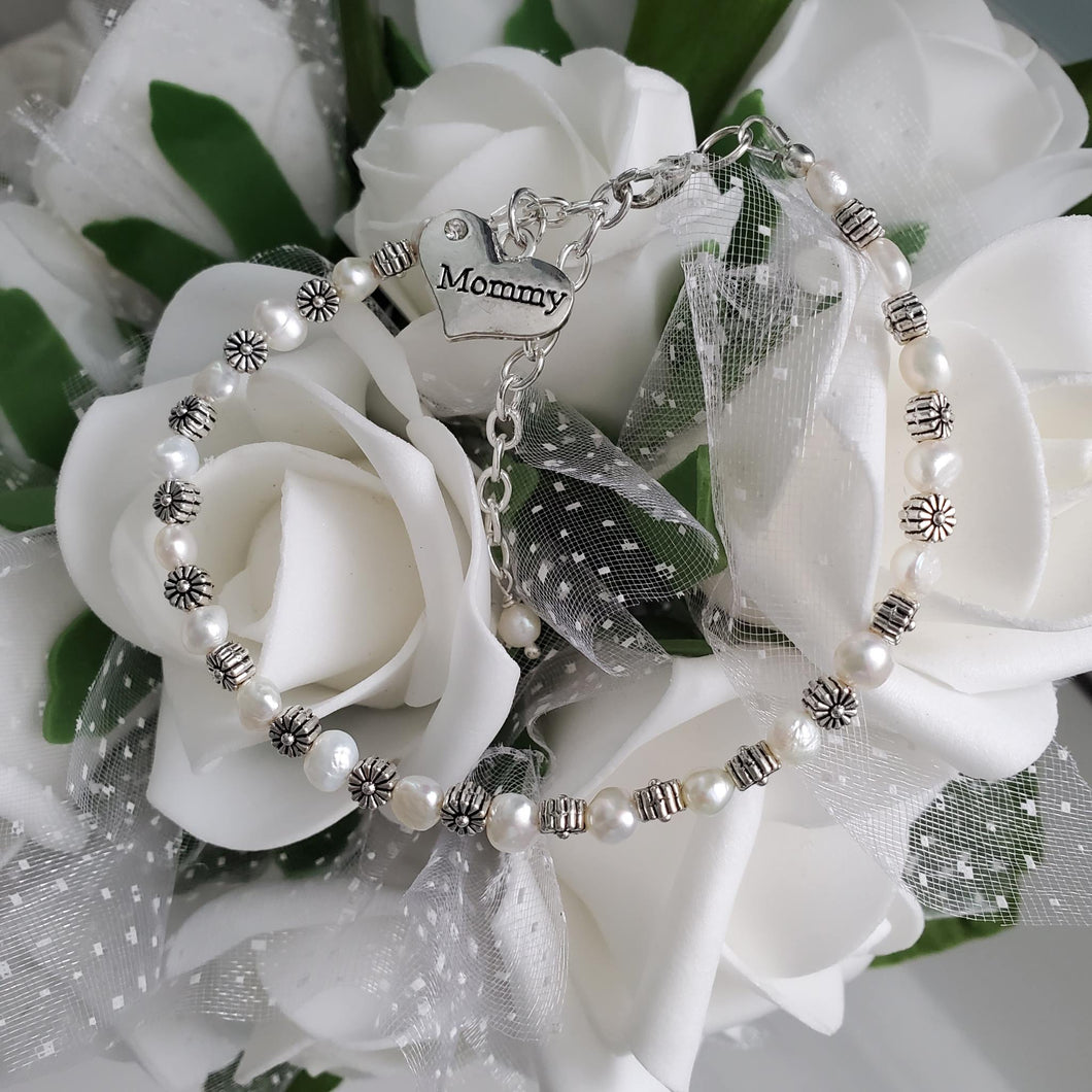 A handmade fresh water pearl and floral charm bracelet for Mommy - ivory and silver or ivory and gold - Mommy Fresh Water Pearl Bracelet - Bracelets