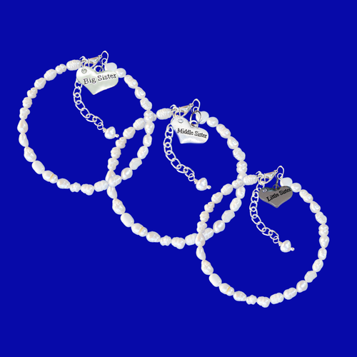 Sister Bracelets - Sister Present - Sister Gift - handmade 3 sisters fresh water pearl charm bracelets, little sister, middle sister and big sister