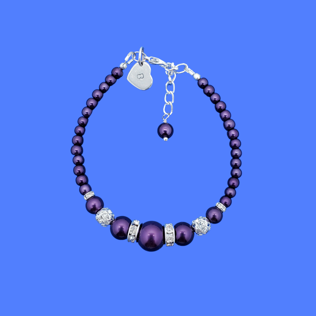 Initial Bracelet - Pearl Bracelet - Personalized Jewelry - monogram pearl crystal bracelet, dark purple or custom color