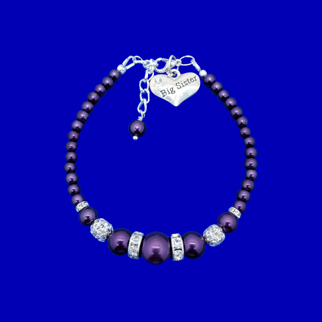 Big Sister Gift Ideas - Sister Gift - Big Sister Bracelet, big sister pearl crystal charm bracelet, dark purple or custom color