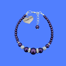 Load image into Gallery viewer, Flower Girl Bracelet - Flower Girl Gift - Bridal Gifts - flower girl pearl crystal charm bracelet, purple or custom color