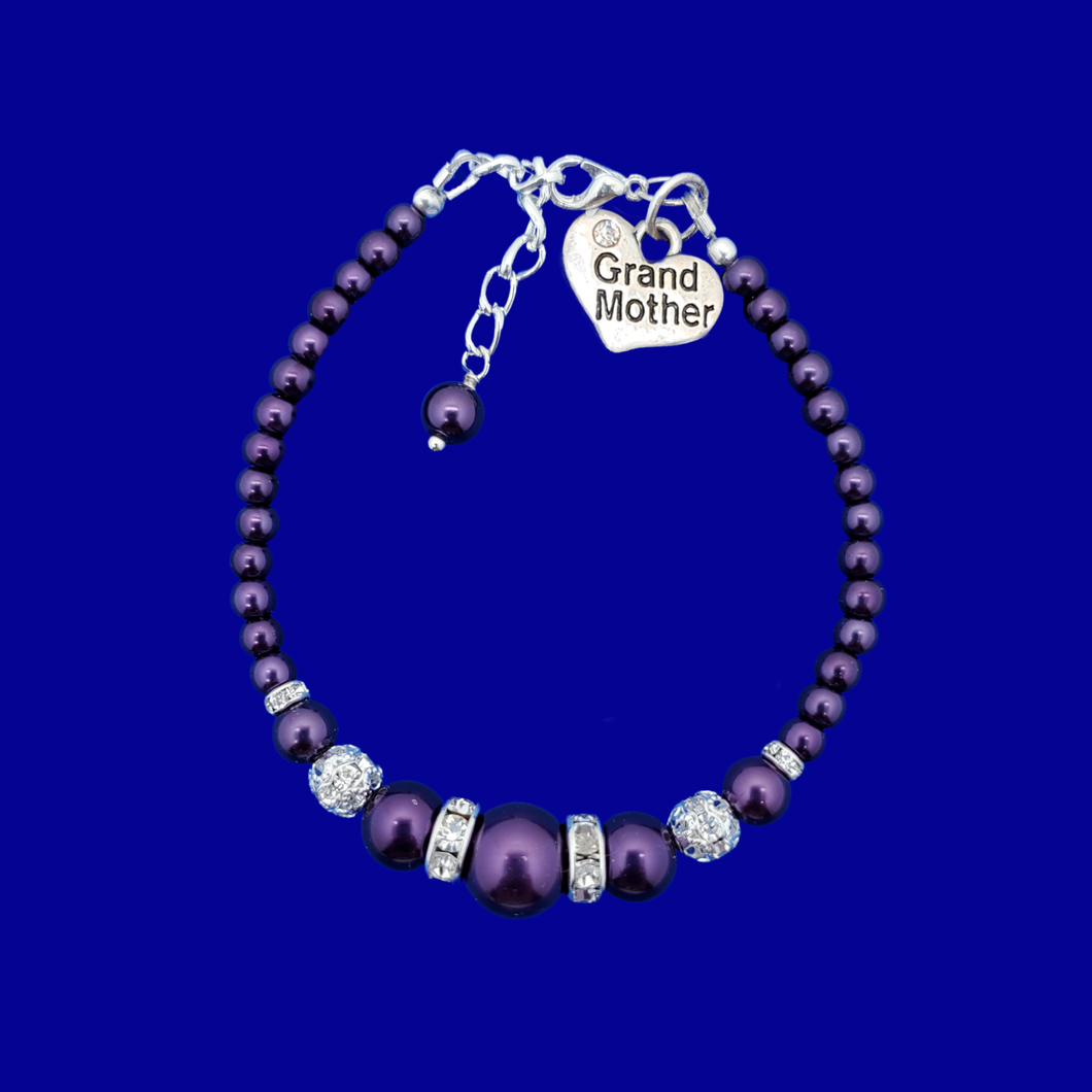 Grand Mother Gift - Gifts For Your Grandmother - handmade grand mother pearl and crystal charm bracelet, dark purple or custom color