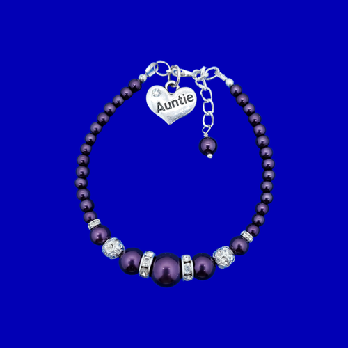 Auntie Gift - Auntie Gift Ideas - Auntie Present, Auntie handmade pearl and crystal charm bracelet, dark purple or custom color