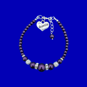 Auntie Gift - Auntie Gift Ideas - Auntie Present, Auntie handmade pearl and crystal charm bracelet, dark purple or custom color