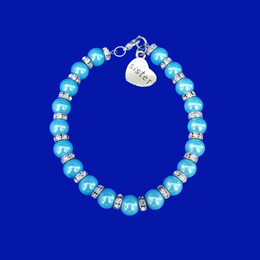 handmade sister pearl and crystal charm bracelet, aquamarine blue or custom color
