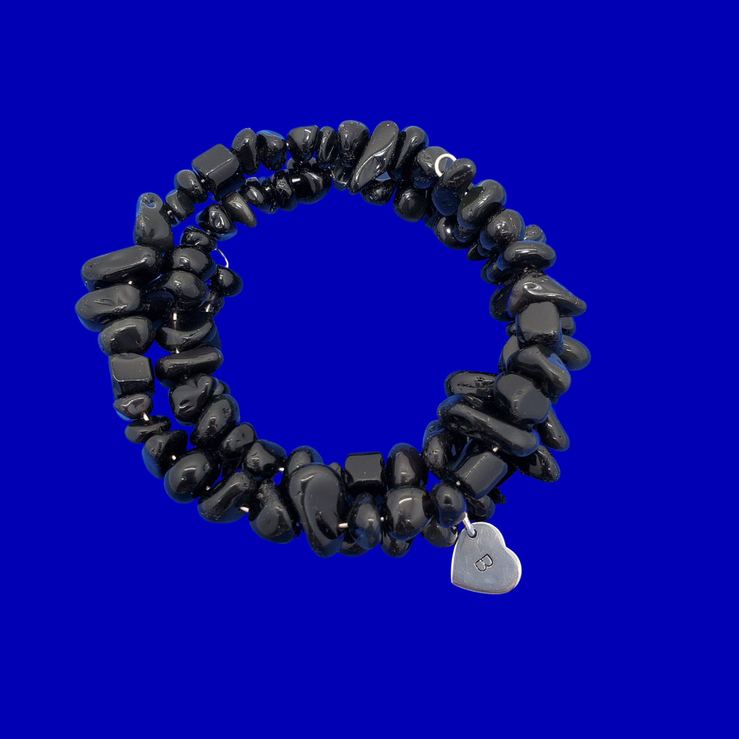 Bracelets - Custom Jewelry - Initial Bracelets, monogram black onyx expandable multi layer wrap charm bracelet